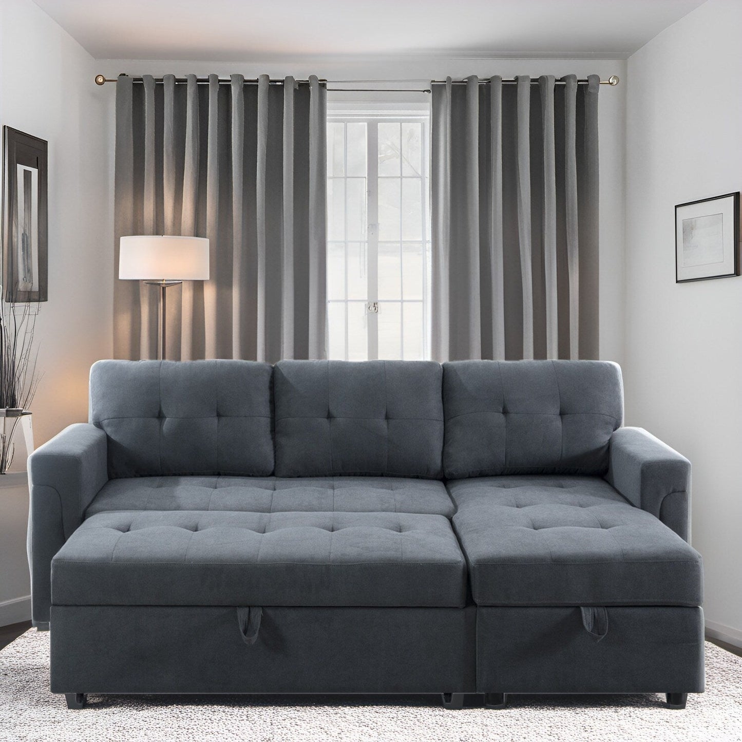 Reversible Sectional Sofa with Pull-Out Sleeper Bed, Hidden Storage Chaise, Durable Legs,