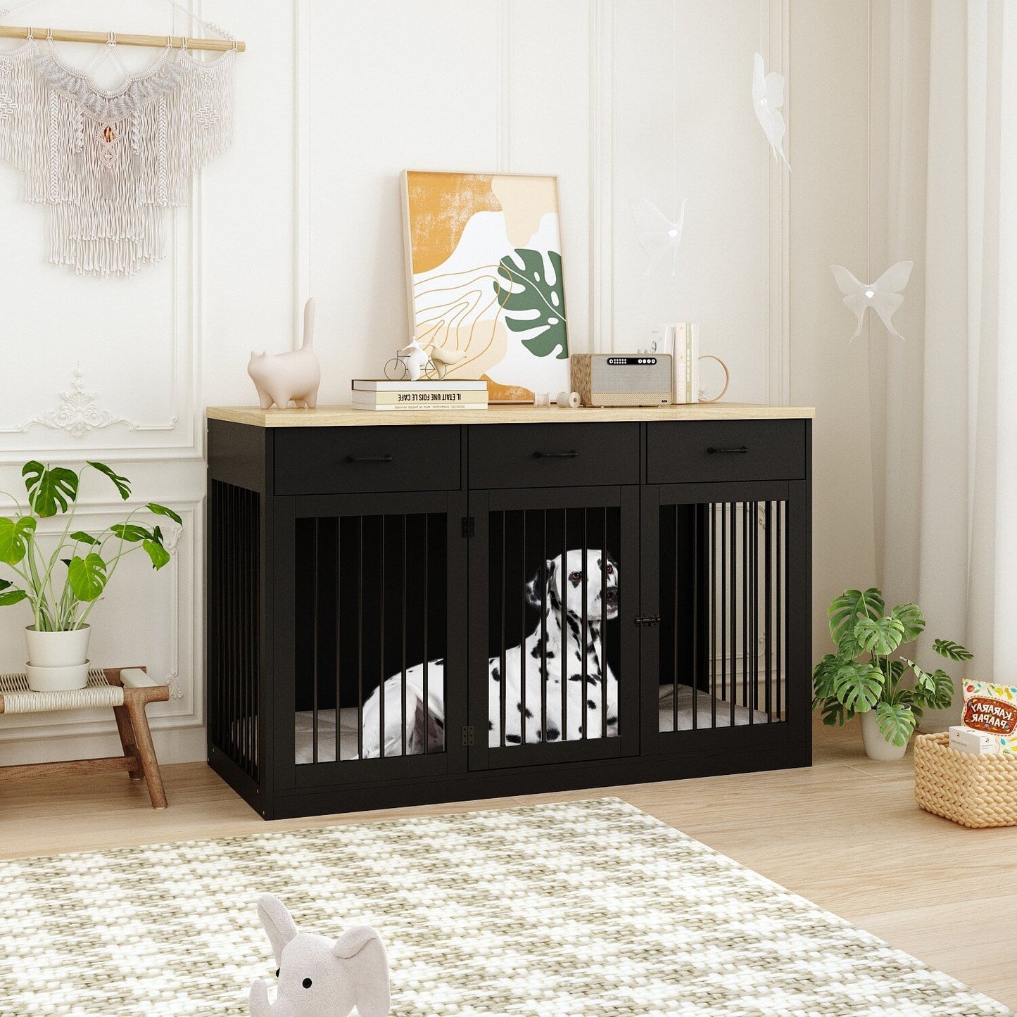 Stylish Wooden Dog Crate Furniture with Storage, 3 Drawers