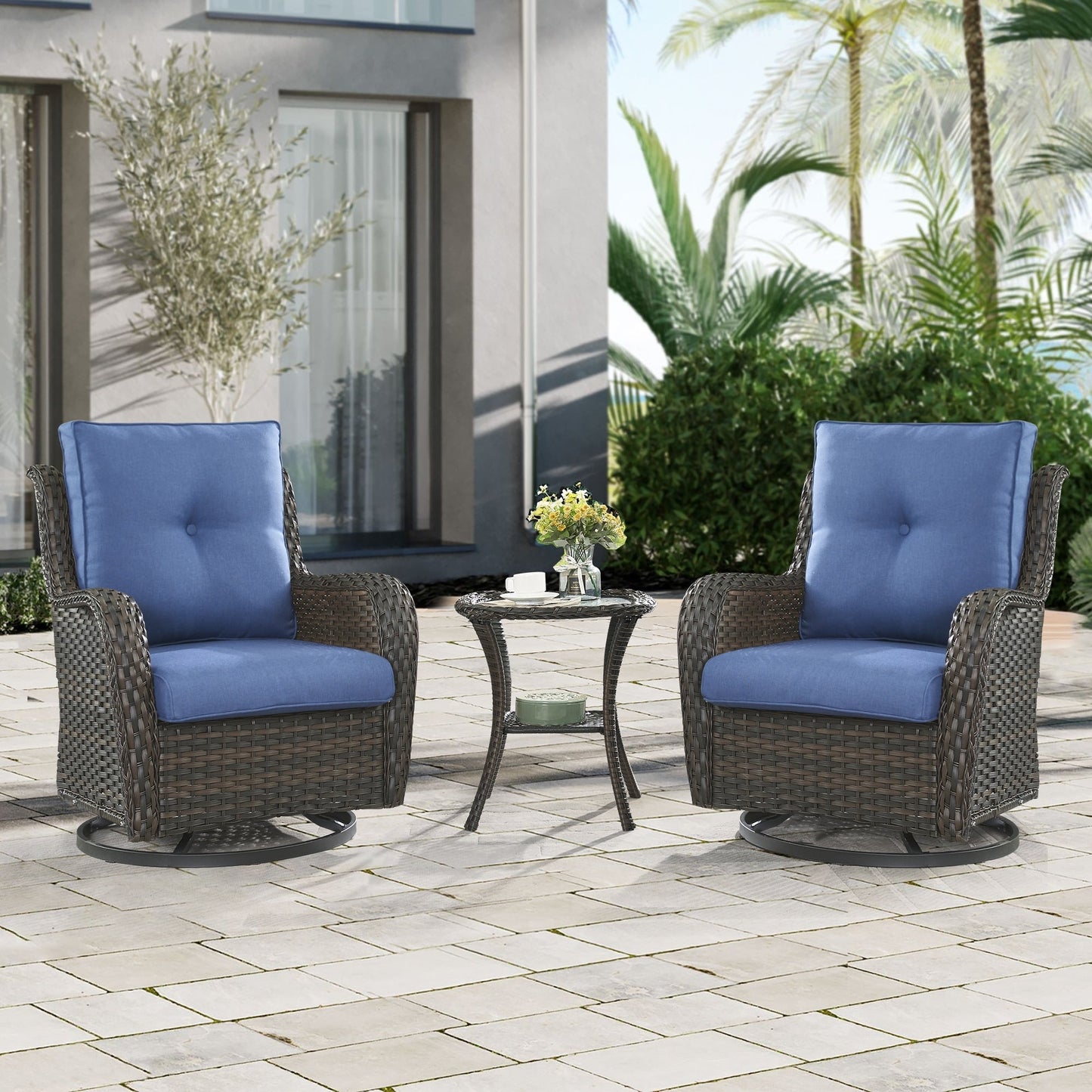 Gymojoy 3 Piece Outdoor Wicker Swivel Rocker with Cushion & Table
