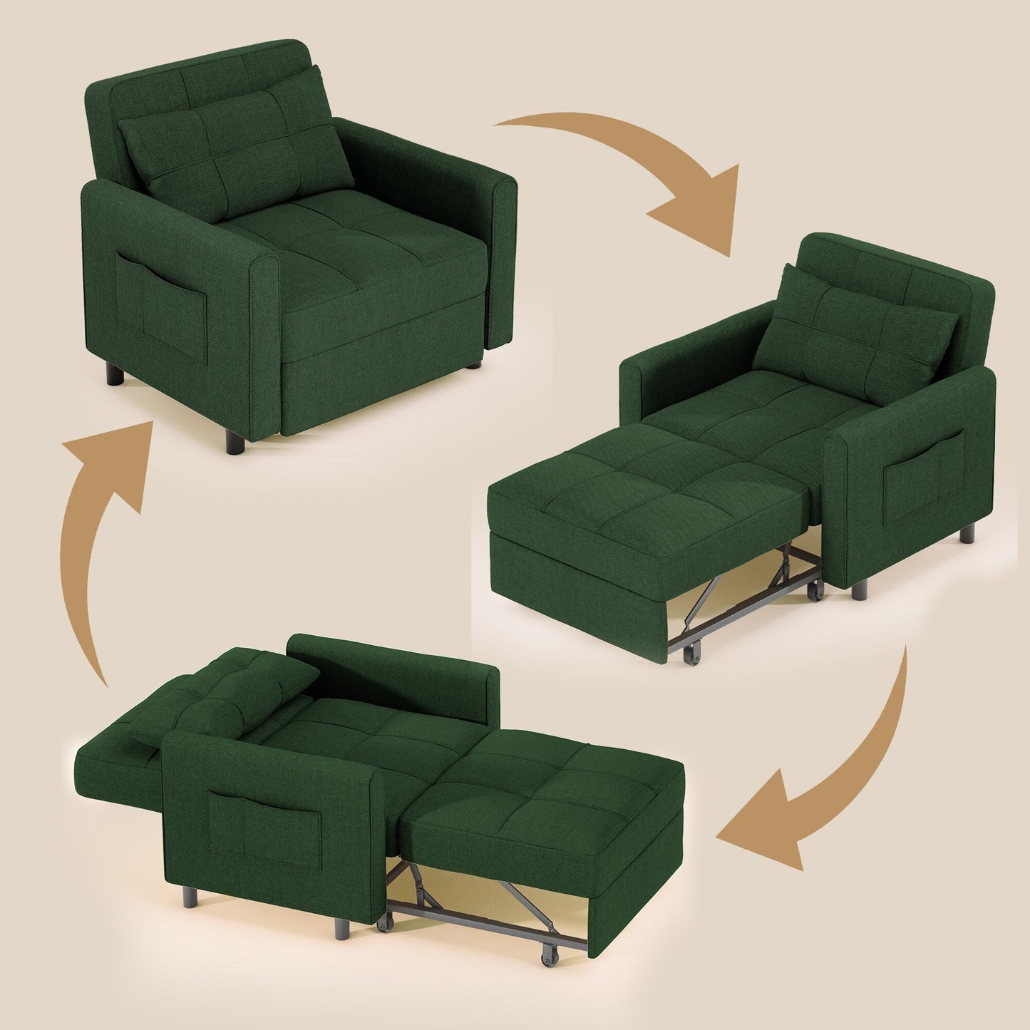 3-in-1 Adjustable Sleeper Sofa Bed, Pull Out Chair Sofa, Convertible Folding Bed for Living Room