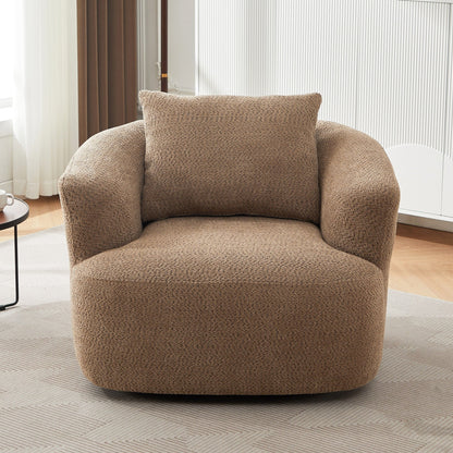 360¡ã Swivel Chair, 38.2 Boucle Accent Chair with Throw Pillow, Upholstered Barrel Sofa Chair with Curved Armrests