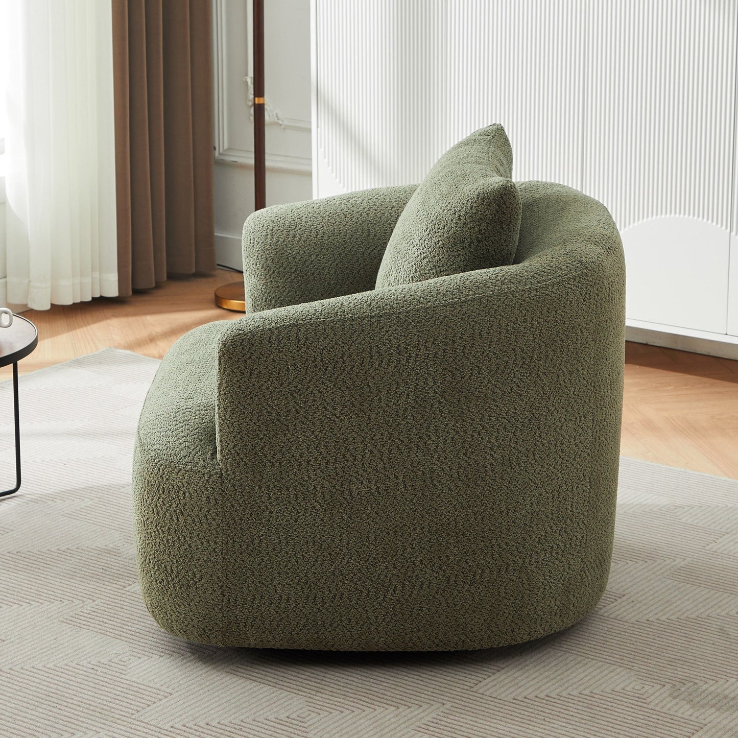 360¡ã Swivel Chair, 38.2 Boucle Accent Chair with Throw Pillow, Upholstered Barrel Sofa Chair with Curved Armrests