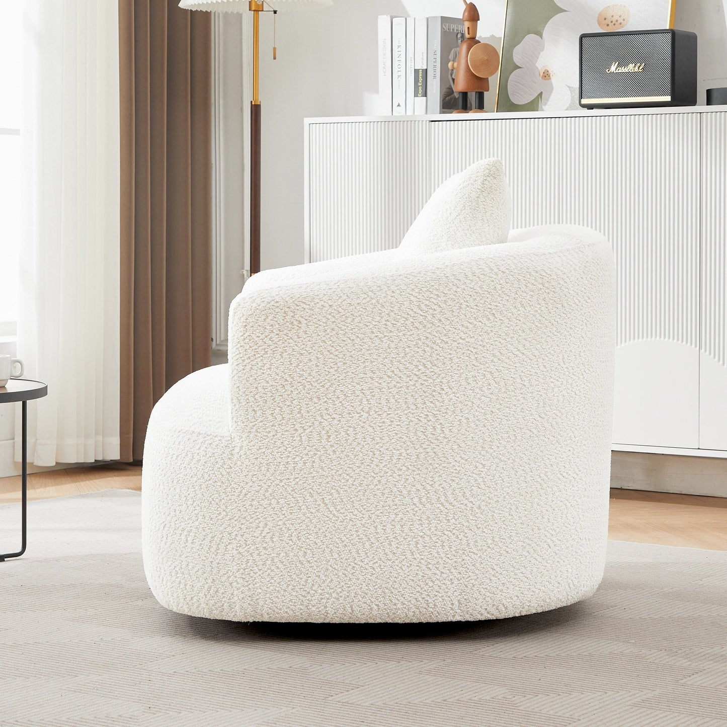 360¡ã Swivel Chair, 38.2 Boucle Accent Chair with Throw Pillow, Upholstered Barrel Sofa Chair with Curved Armrests