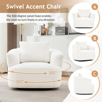 360¡ã Swivel Chair, 38.2 Boucle Accent Chair with Throw Pillow, Upholstered Barrel Sofa Chair with Curved Armrests