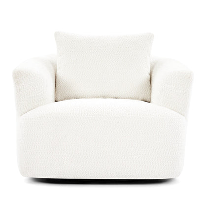 360¡ã Swivel Chair, 38.2 Boucle Accent Chair with Throw Pillow, Upholstered Barrel Sofa Chair with Curved Armrests