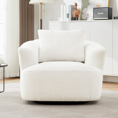 360¡ã Swivel Chair, 38.2 Boucle Accent Chair with Throw Pillow, Upholstered Barrel Sofa Chair with Curved Armrests