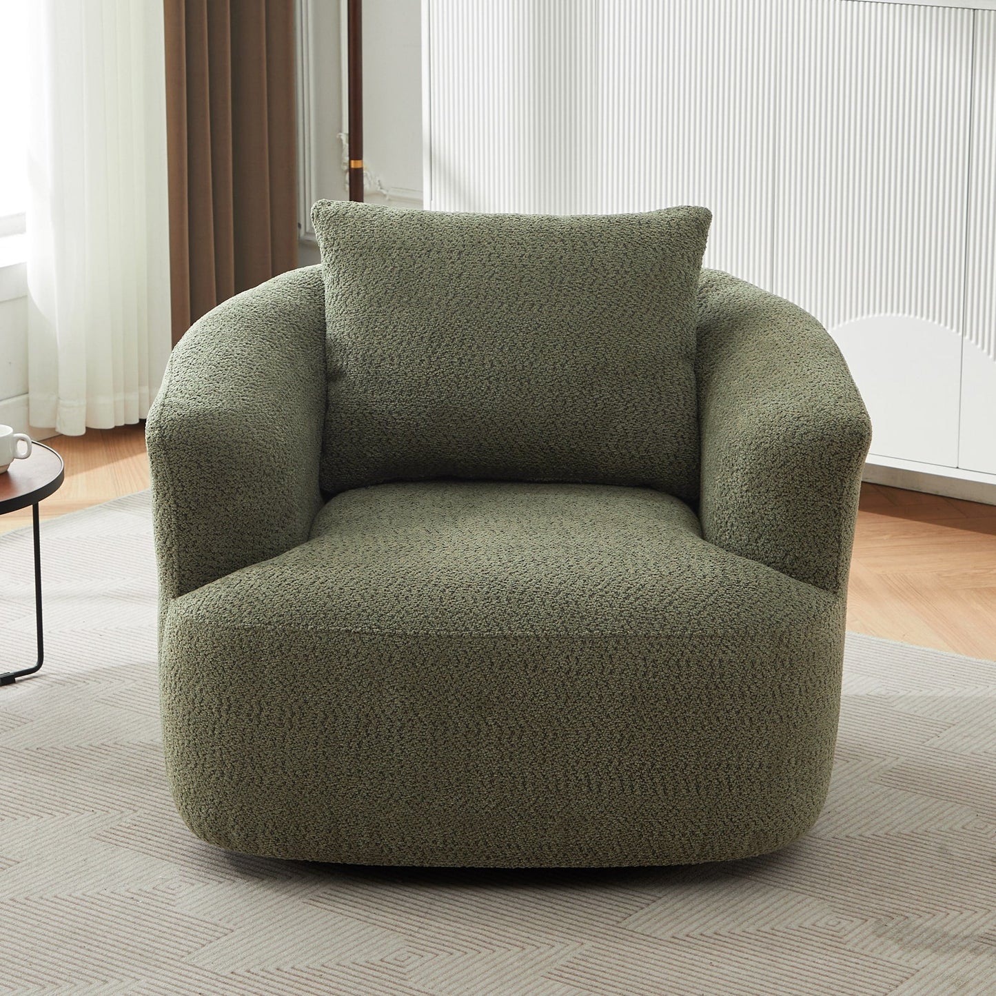 360¡ã Swivel Chair, 38.2 Boucle Accent Chair with Throw Pillow, Upholstered Barrel Sofa Chair with Curved Armrests