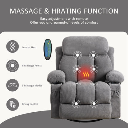 360¡ã Swivel Recliner Chair with Massage, Heat, USB, and Cup Holders