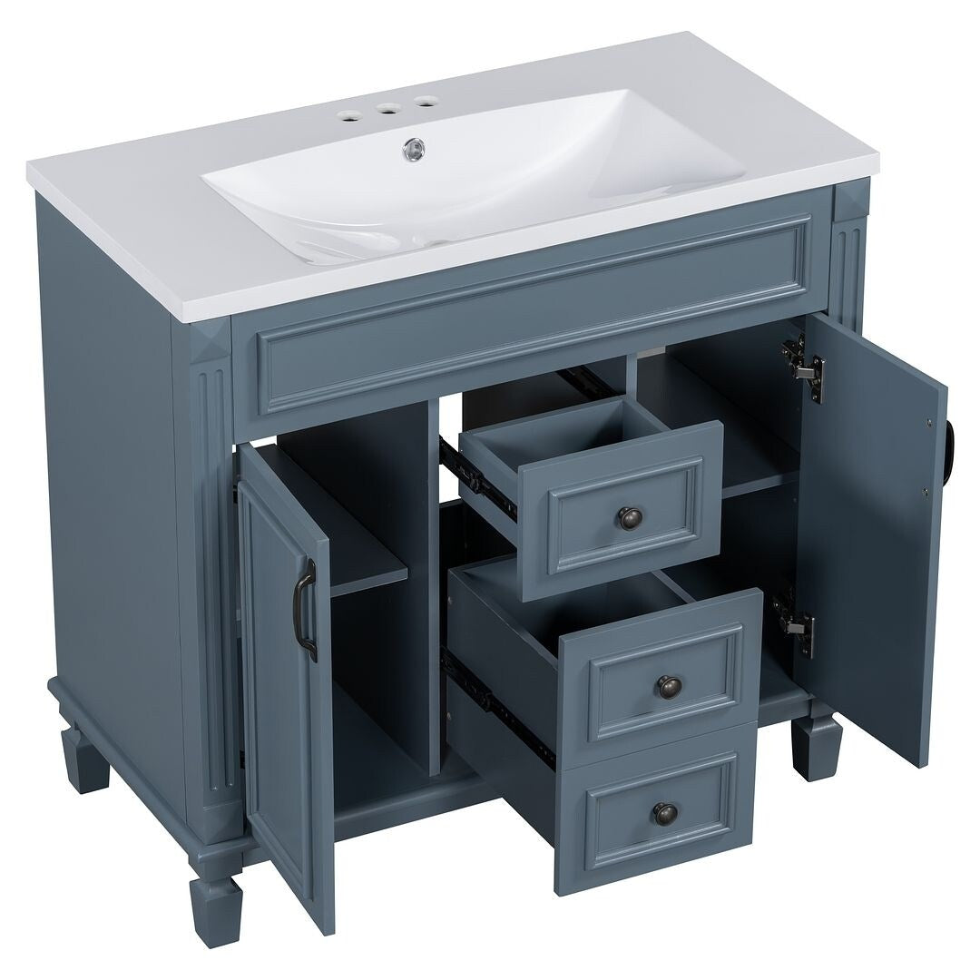36'' Modern Bathroom Vanity with Top Sink and Mirror Cabinet,2 Doors and 2 Drawers
