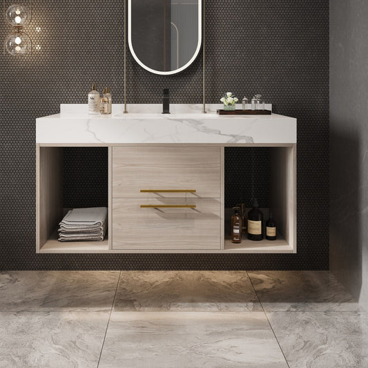 39.4 '' Floating Bathroom Vanity with Ceramic sink,Wall Hung Vanity 2 Soft Close Drawer and white slate top - 39'4 x 18'9