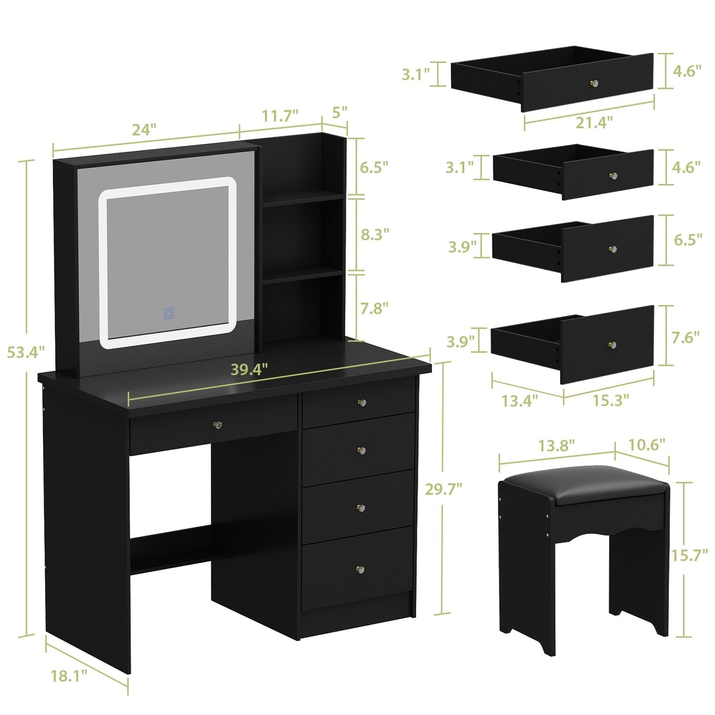 39.4'' W Dresser Makeup Vanity Set with Stool and Mirror Room