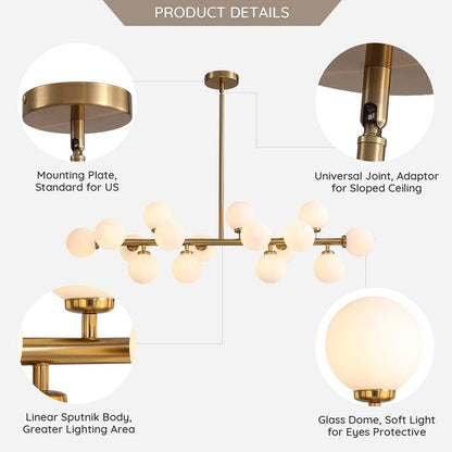 40 in. Linear Mid Century Modern Chandelier 16-Light Gold Brass Sputnik Pendant Light with Frosted Glass Globe for Dining Room