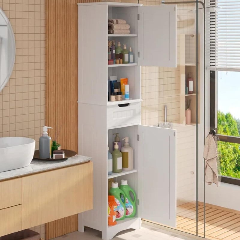 67'' Tall Bathroom Narrow Linen Cabinet, 5 Tiers Solid Wood Freestanding Storage Cabinet