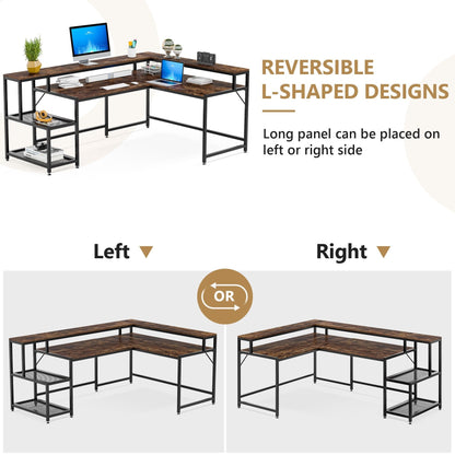L Shaped Desk with Monitor Shelf, Reversible Corner Computer Desk for Office Home 69