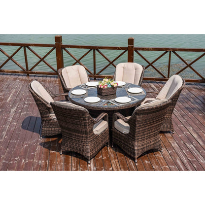 7 Pieces Outdoor Rattan Wicker Patio Round Dining Set with Cushions by Moda Furnishings