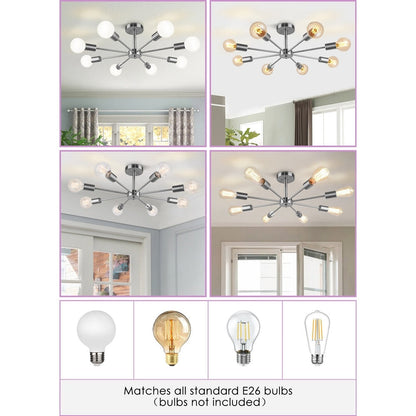 Black/ Gold Sputnik Semi Flush Mount Lamp Close to Ceiling Light Fixture for Living Room/ Kitchen/ Office/ Bedroom/ Foyer