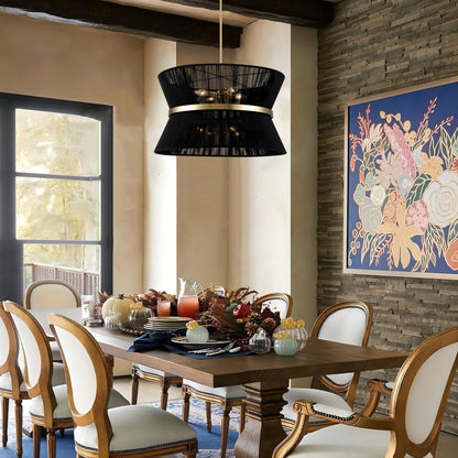 8-Light Modern Boho Large Drum Chandelier 24 inch Fabric Hourglass Hand-woven Chandelier in Gold/ Black for Dining/ Living Room