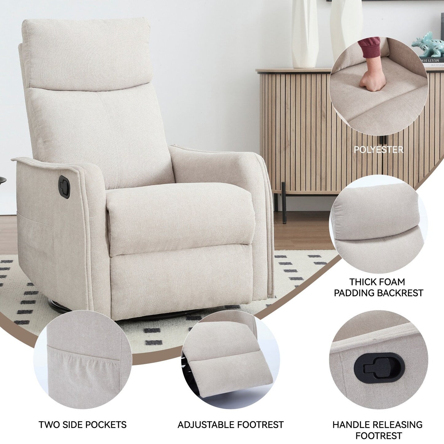 8 Point Massage Manual Recliner Chair Fabric Swivel Rocking Chair Single Sofa Armchair with Rocker and Lumbar Heating