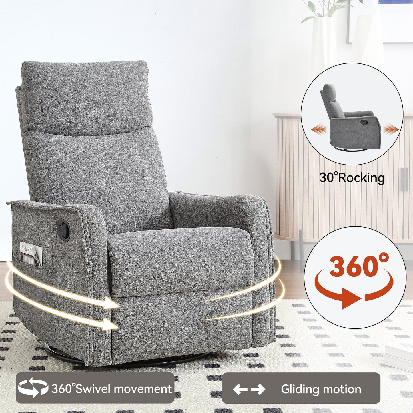 8 Point Massage Manual Recliner Chair Fabric Swivel Rocking Chair Single Sofa Armchair with Rocker and Lumbar Heating