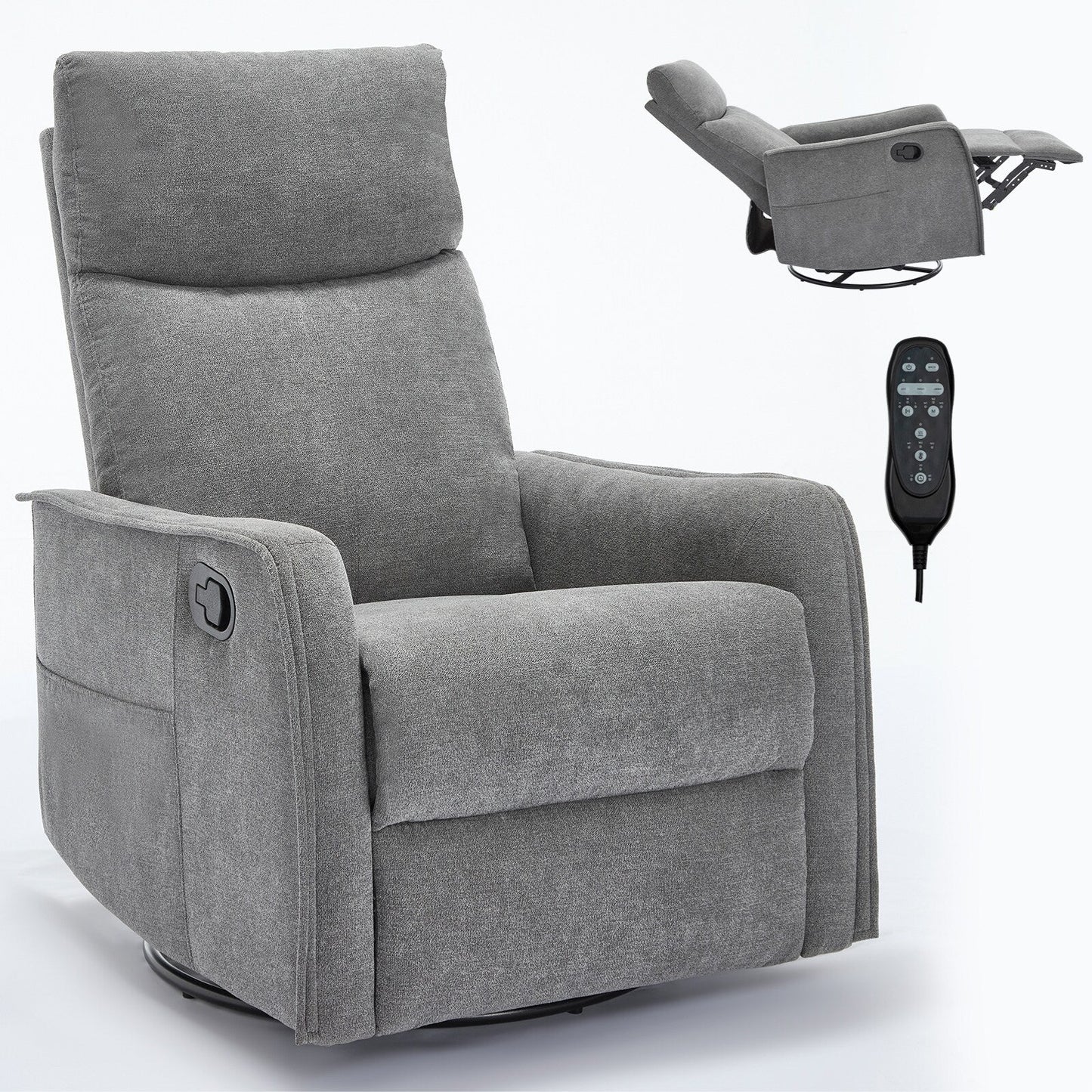 8 Point Massage Manual Recliner Chair Fabric Swivel Rocking Chair Single Sofa Armchair with Rocker and Lumbar Heating
