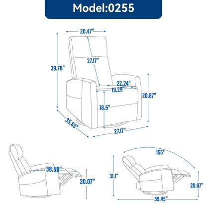 8 Point Massage Manual Recliner Chair Fabric Swivel Rocking Chair Single Sofa Armchair with Rocker and Lumbar Heating