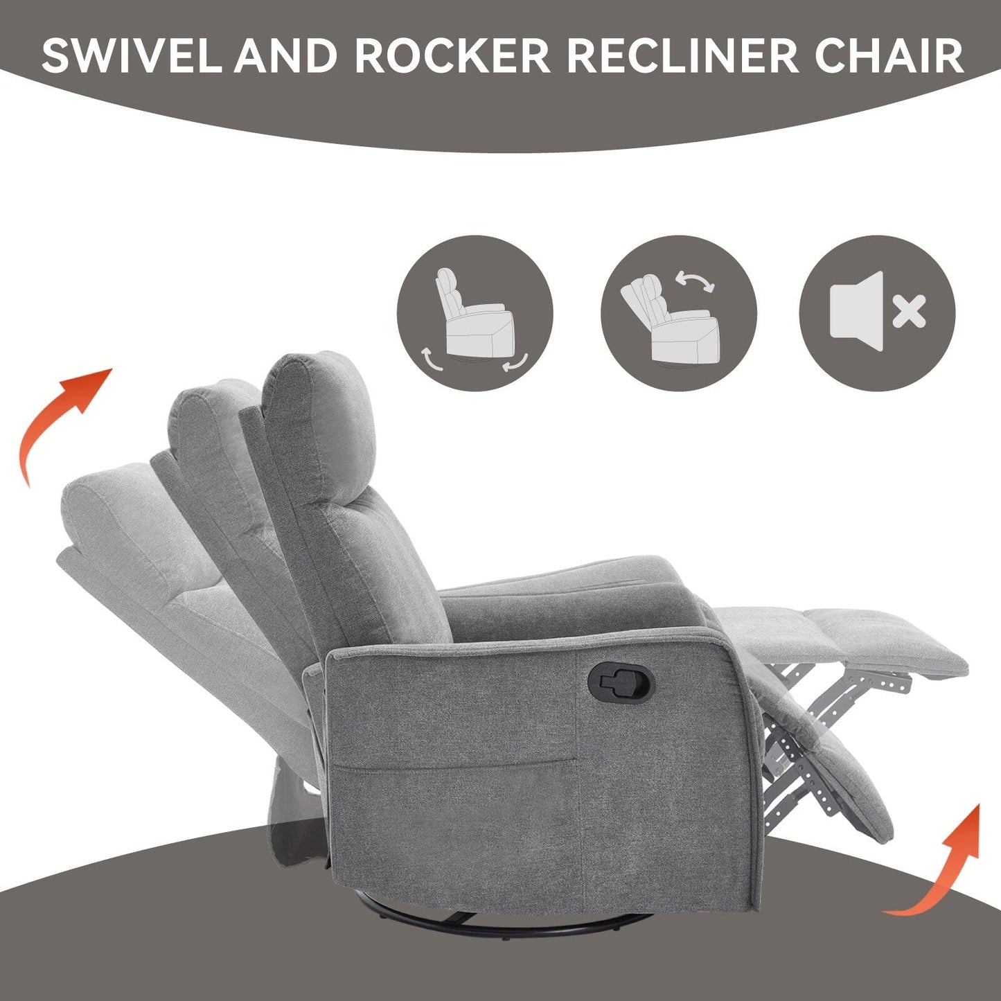 8 Point Massage Manual Recliner Chair Fabric Swivel Rocking Chair Single Sofa Armchair with Rocker and Lumbar Heating