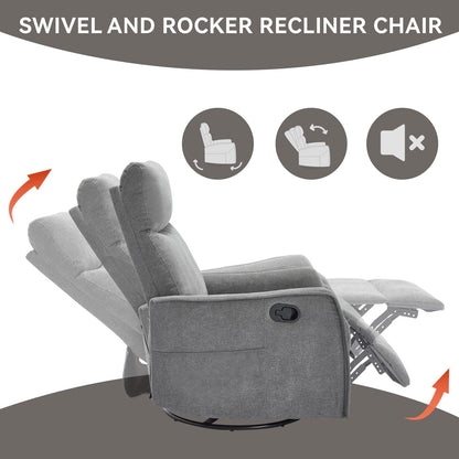8 Point Massage Manual Recliner Chair Fabric Swivel Rocking Chair Single Sofa Armchair with Rocker and Lumbar Heating