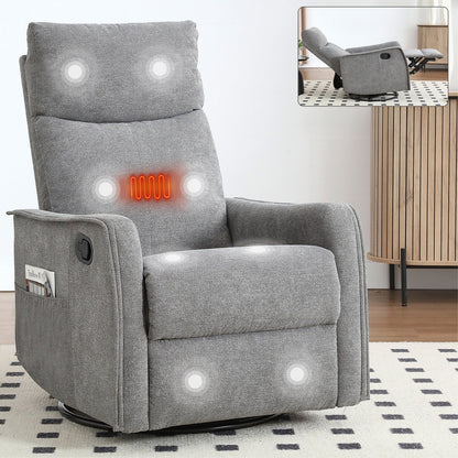 8 Point Massage Manual Recliner Chair Fabric Swivel Rocking Chair Single Sofa Armchair with Rocker and Lumbar Heating