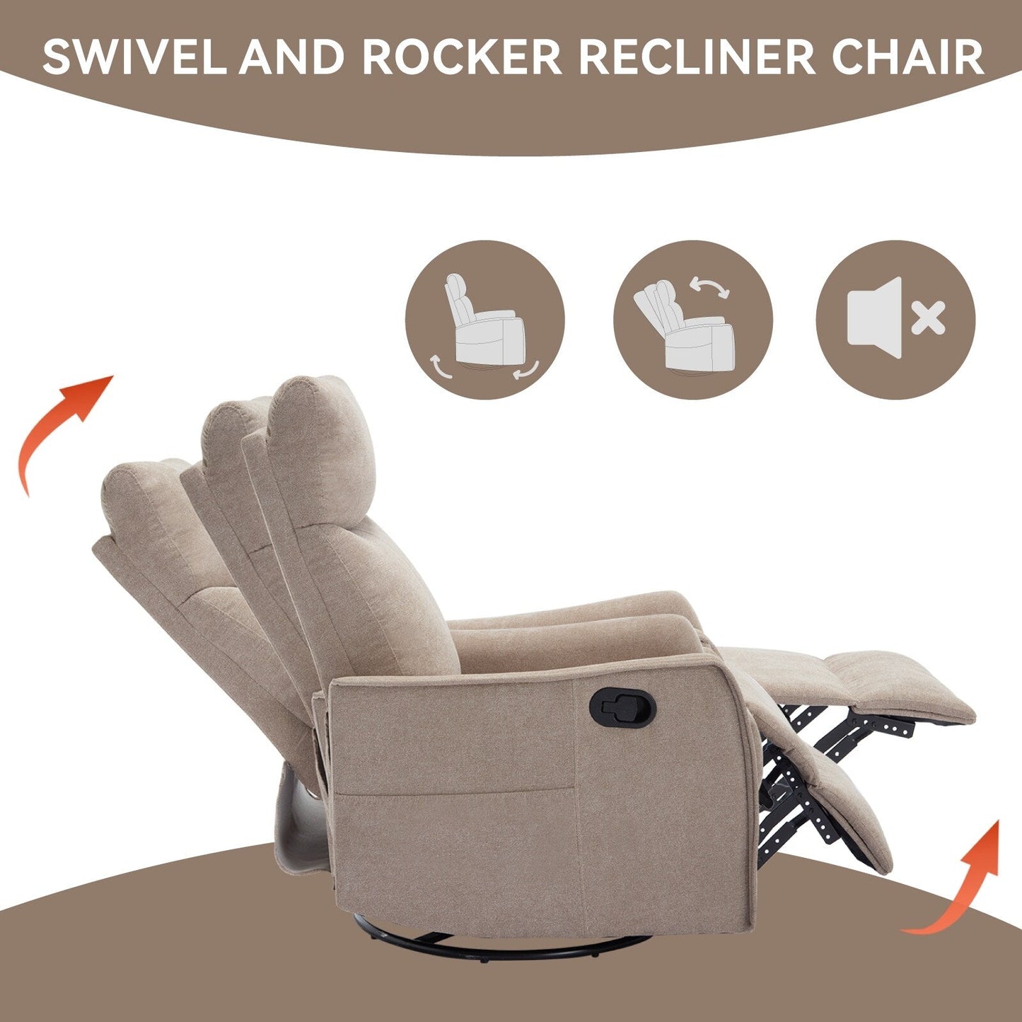 8 Point Massage Manual Recliner Chair Fabric Swivel Rocking Chair Single Sofa Armchair with Rocker and Lumbar Heating