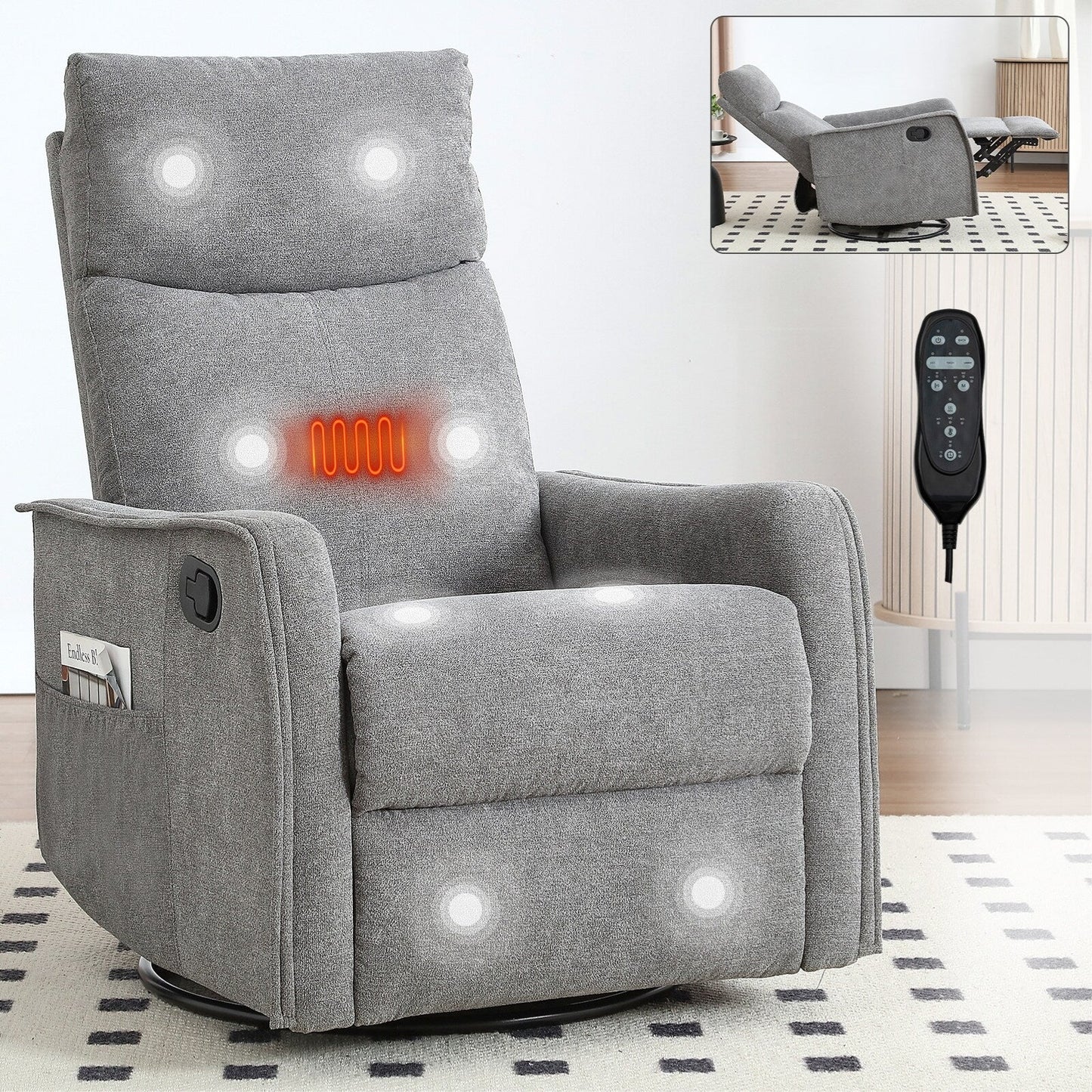 8 Point Massage Manual Recliner Chair Fabric Swivel Rocking Chair Single Sofa Armchair with Rocker and Lumbar Heating