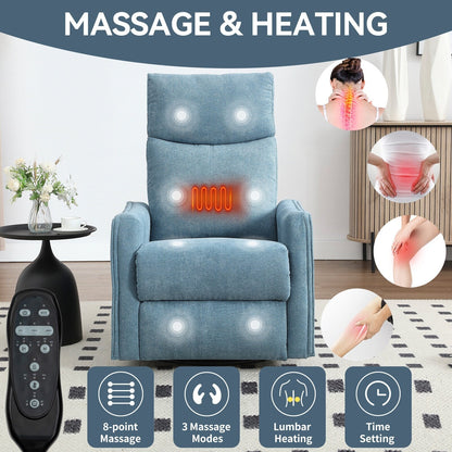 8 Point Massage Manual Recliner Chair Fabric Swivel Rocking Chair Single Sofa Armchair with Rocker and Lumbar Heating