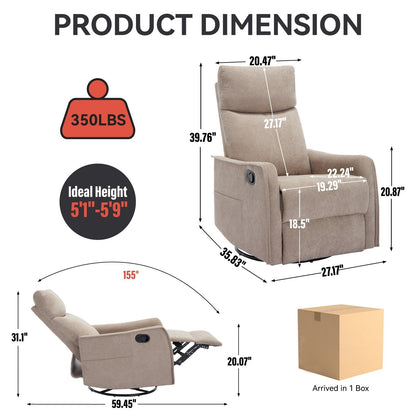 8 Point Massage Manual Recliner Chair Fabric Swivel Rocking Chair Single Sofa Armchair with Rocker and Lumbar Heating
