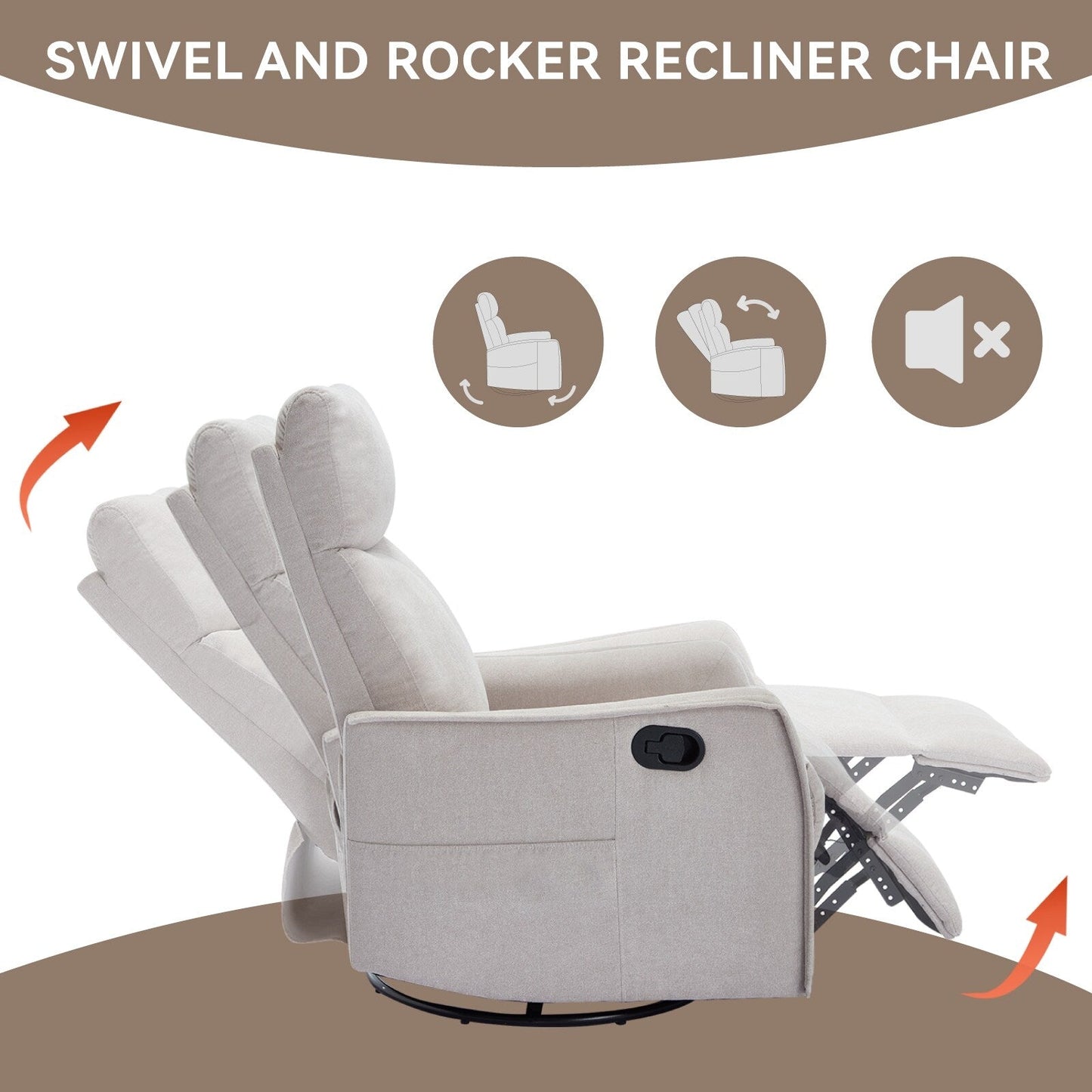 8 Point Massage Manual Recliner Chair Fabric Swivel Rocking Chair Single Sofa Armchair with Rocker and Lumbar Heating