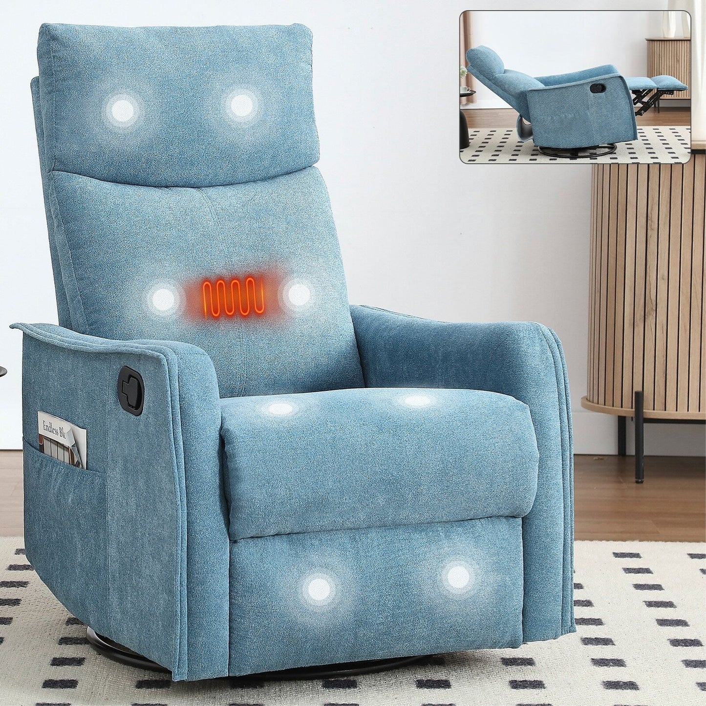8 Point Massage Manual Recliner Chair Fabric Swivel Rocking Chair Single Sofa Armchair with Rocker and Lumbar Heating