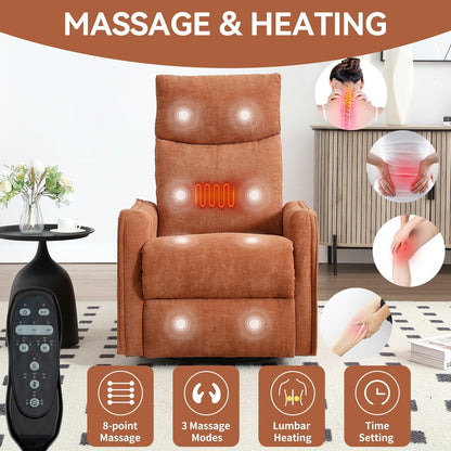 8 Point Massage Manual Recliner Chair Fabric Swivel Rocking Chair Single Sofa Armchair with Rocker and Lumbar Heating