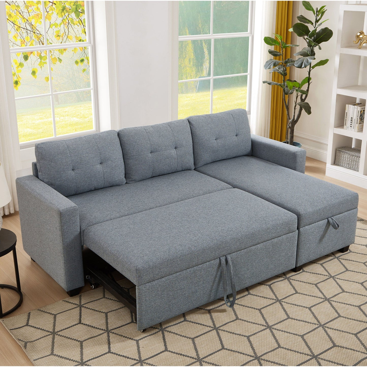 81.5'' Upholstered Convertible 3 Seater Sleeper Sofa with Pull-Out Bed, Reversible Storage Chaise, and Back Cushions