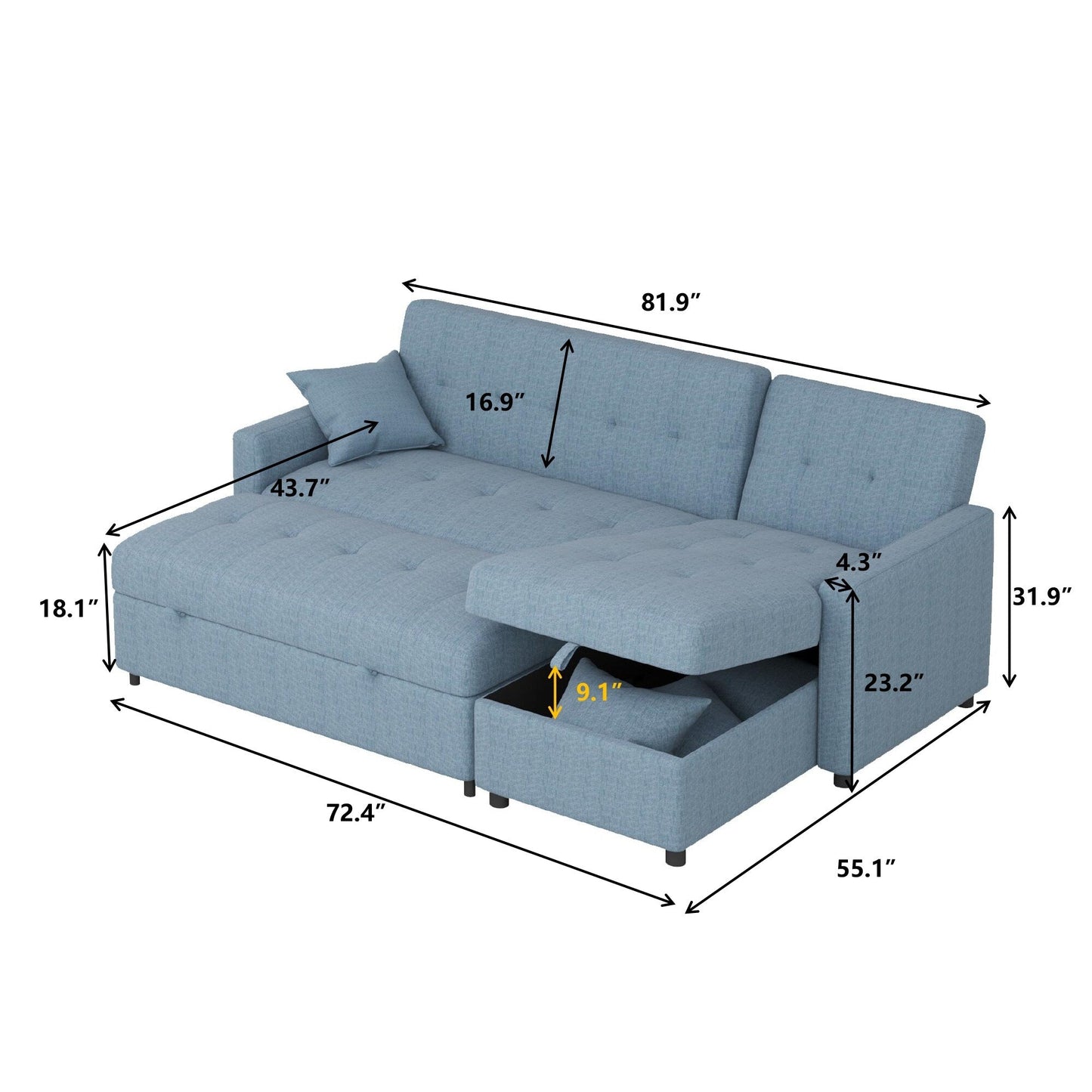 82'' Wide Reversible Sleeper Sofa & Chaise