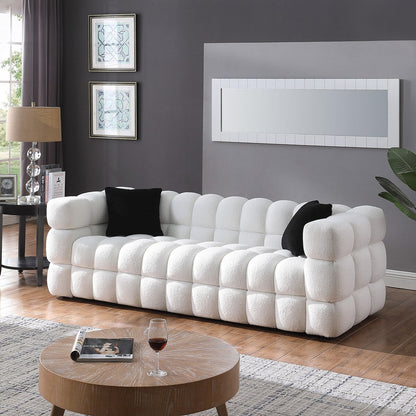84.3 Luxurious Large Boucle Sofa 3 Seater Marshmallow Upholstered Sofa with 2pc Square Accent Pillows and Square Arm