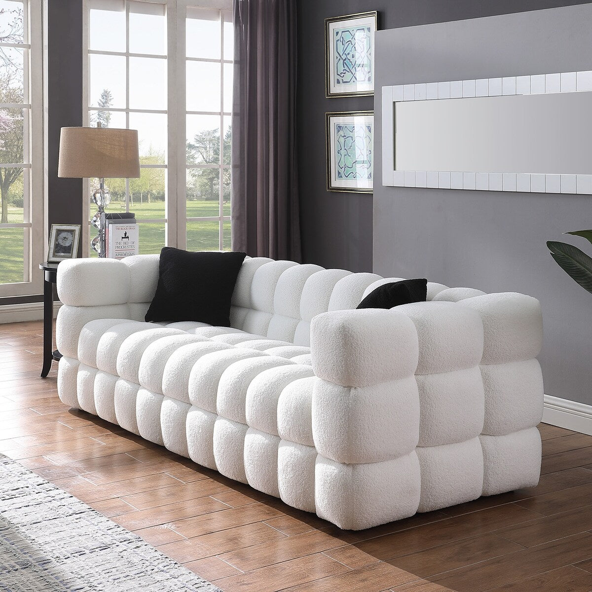 84.3 Luxurious Large Boucle Sofa 3 Seater Marshmallow Upholstered Sofa with 2pc Square Accent Pillows and Square Arm