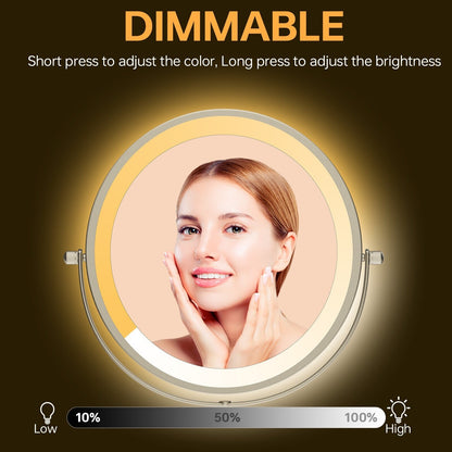 8 Round Wall Mount Bathroom Makeup Mirror, Rechargeable, Magnification 1x/10x, 3 Color Lights