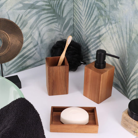 Acacia Wood Bathroom Accessory Set Collection