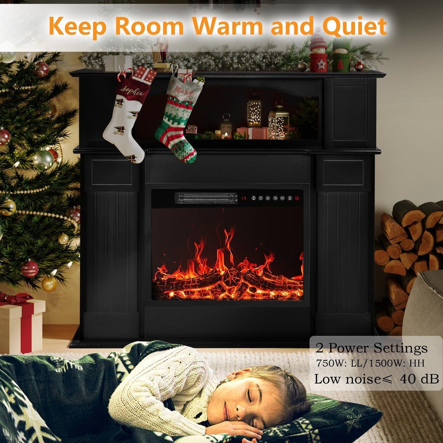 BOSSIN 43 Electric Fireplace with Mantel, 23 inch Electric Fireplace Insert,Freestanding TV Stand with Fireplace Wooden Firebox