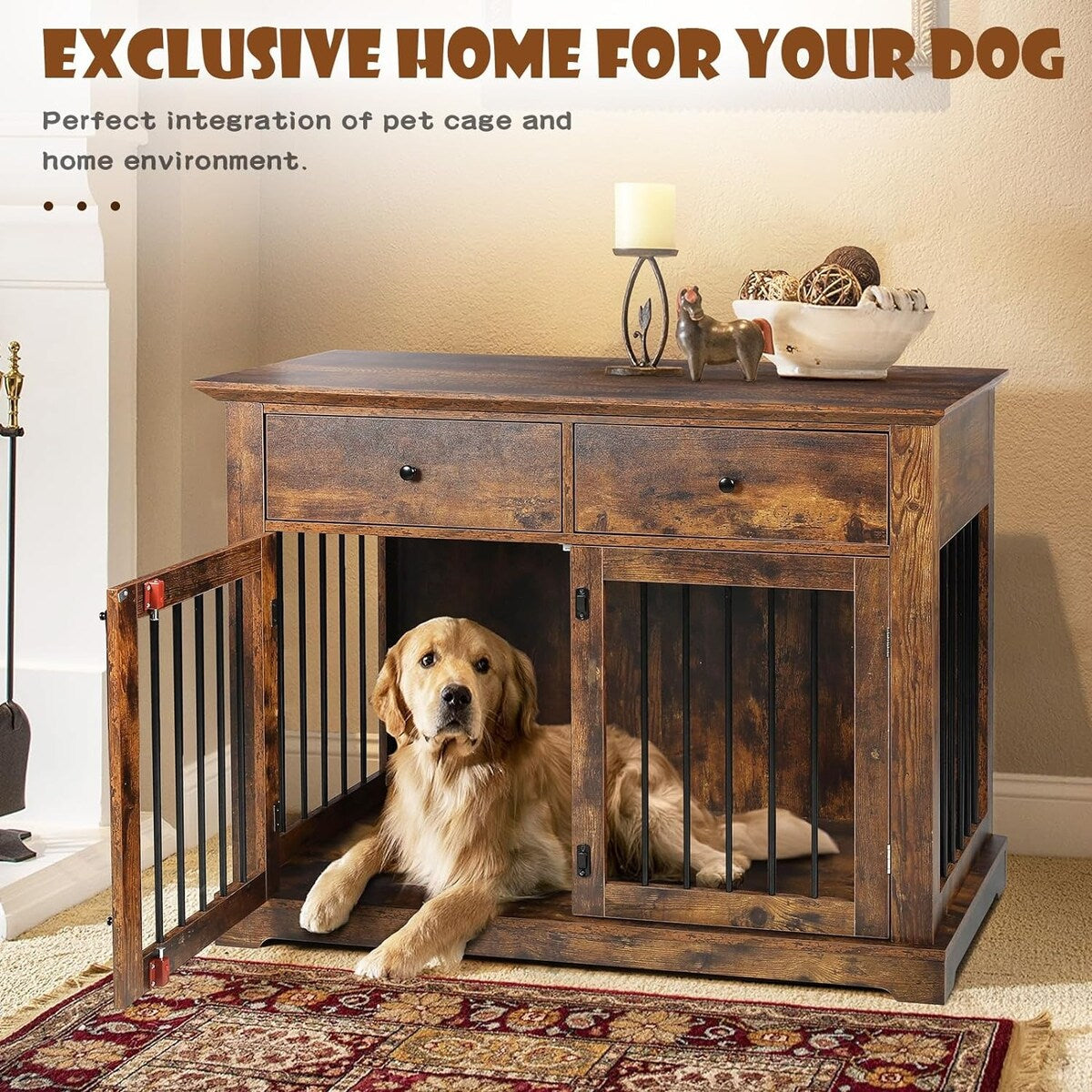 BOSSIN 44 Inch Large Dog Crate Furniture, Wooden Dog Kennel End Table with Storage Drawers, Decorative Pet Crates Dog House