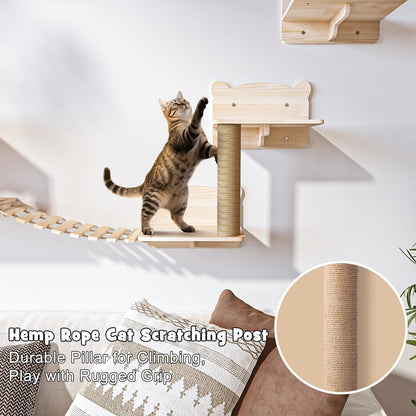 BOSSIN 9/16/18-Piece Pine Cat Wall Climbing System - Wall-Mounted Shelves Set with Cat Bed, Scratching Post & Tunnel