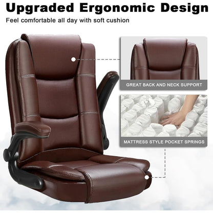 BOSSIN Big and Tall Office Chair Ergonomic High Back Computer Adjustable Height Leather Executive Chair with Padded Flip-up Arms
