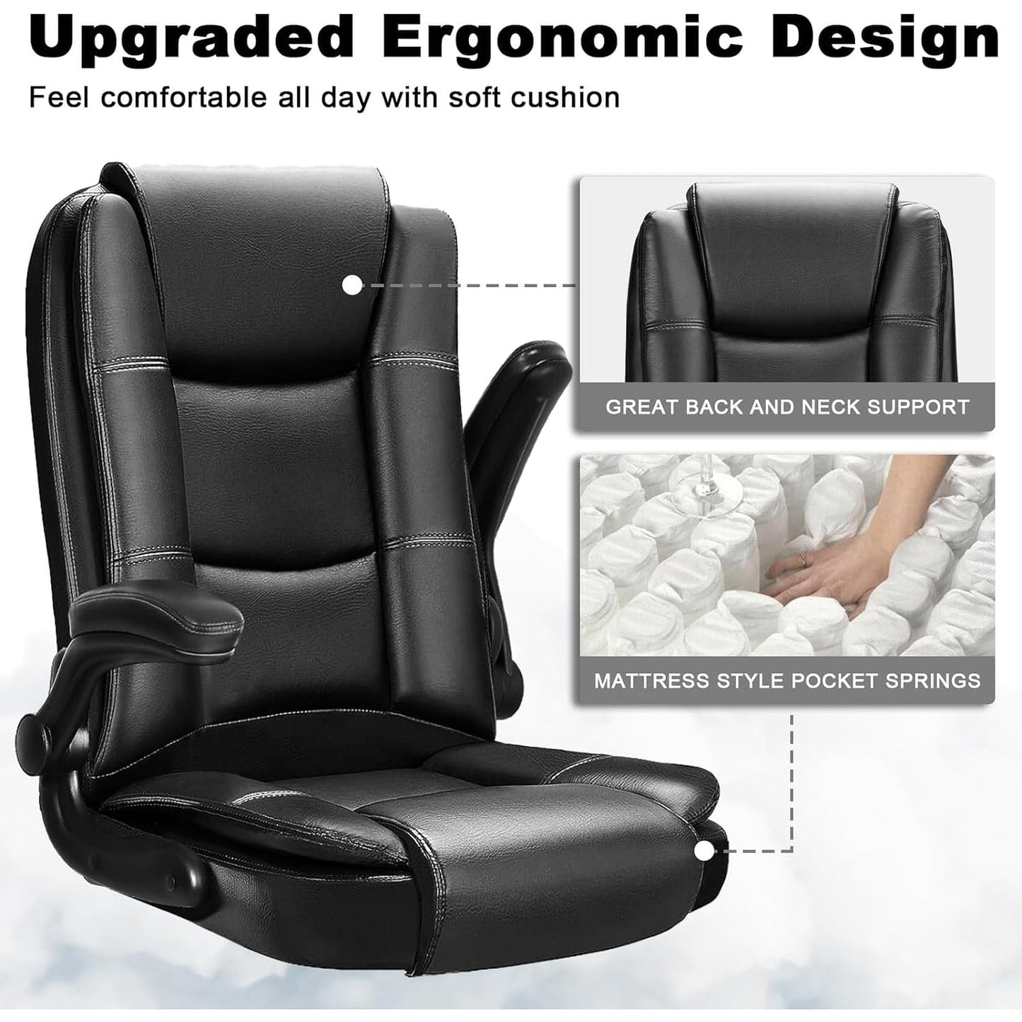 BOSSIN Big and Tall Office Chair Ergonomic High Back Computer Adjustable Height Leather Executive Chair with Padded Flip-up Arms