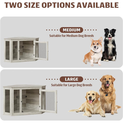 BOSSIN Corner Dog Crate Furniture,44/52 inch Wooden Dog Kennel Furniture with Mesh,Decorative Wood Dog House for Indoor use