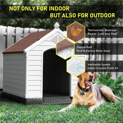 BOSSIN Plastic Dog House for Small to Large Sized Dogs, Indoor Outdoor Insulated Doghouse Puppy Shelter with Elevated Floor