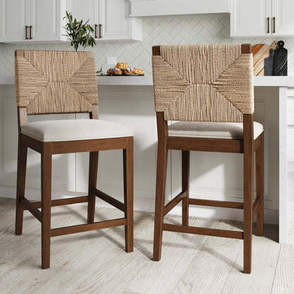 Beacon Bohemian Boucle Bar Stool, Upholstered Counter Height Chair with Solid Wood Frame and Woven Seagrass Back