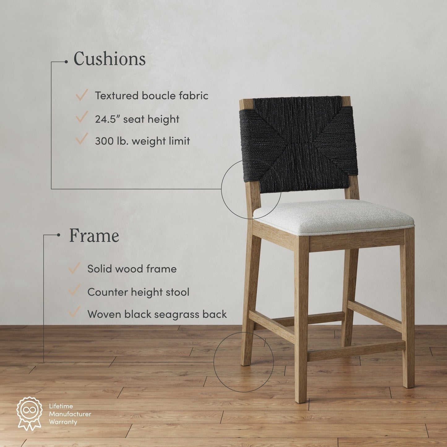 Beacon Bohemian Boucle Bar Stool, Upholstered Counter Height Chair with Solid Wood Frame and Woven Seagrass Back